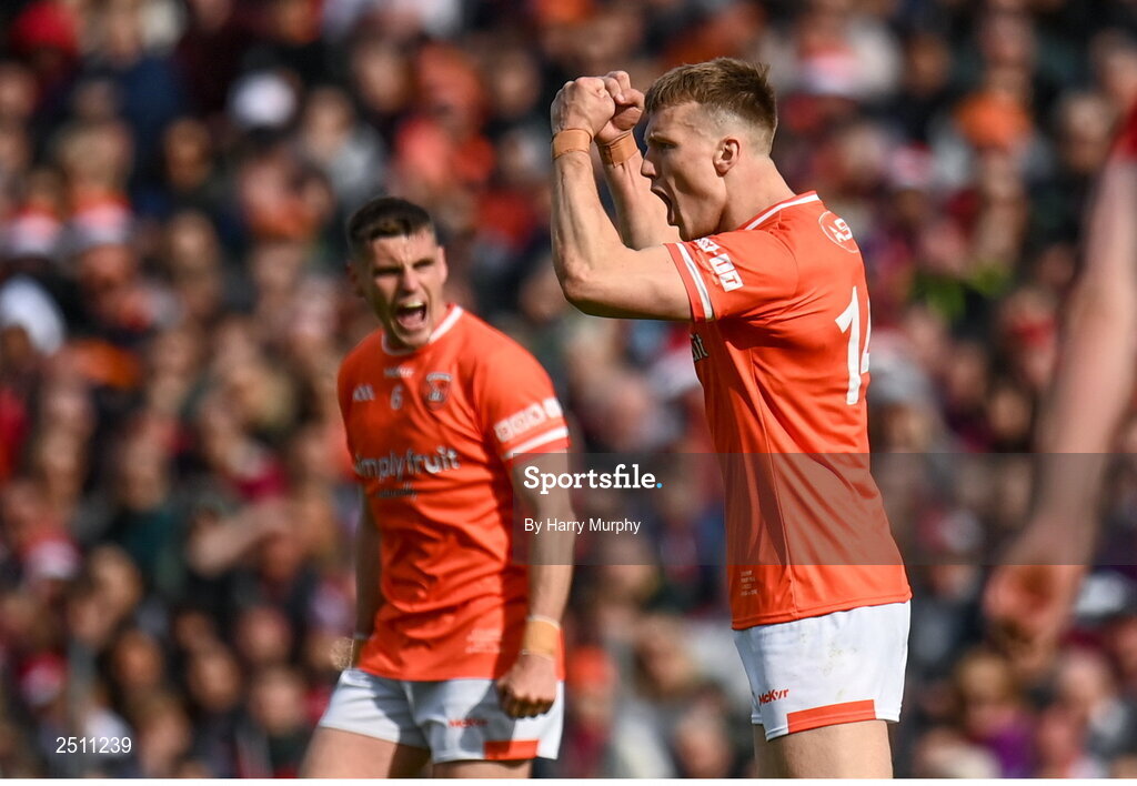 14 May 2023; Rian O'Neill of Armagh celebrates a point during the Ulster GAA Football Senior Championship Final match between Armagh and Derry at St Tiernach’s Park in Clones, Monaghan. Photo by Harry Murphy/Sportsfile