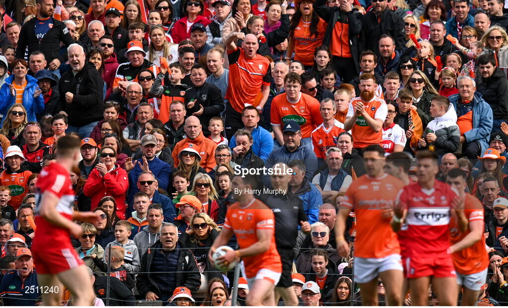 14 May 2023; Supporters during the Ulster GAA Football Senior Championship Final match between Armagh and Derry at St Tiernach’s Park in Clones, Monaghan. Photo by Harry Murphy/Sportsfile