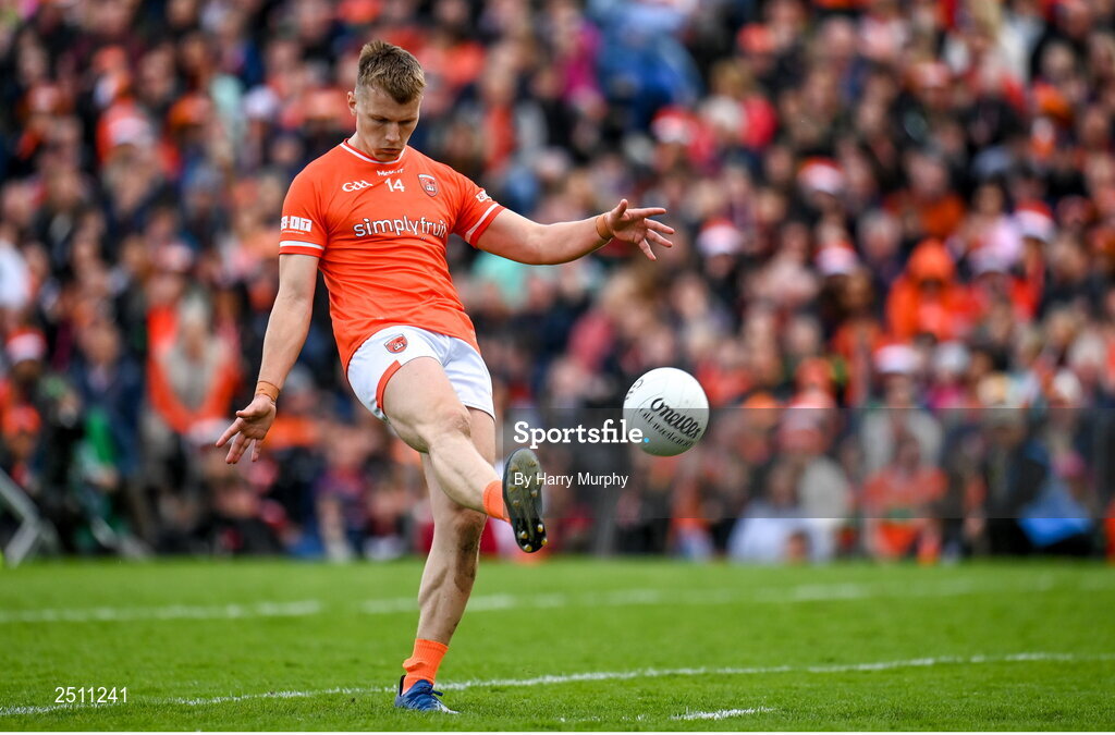 14 May 2023; Rian O'Neill of Armagh kicks the point to take the match to extra-time during the Ulster GAA Football Senior Championship Final match between Armagh and Derry at St Tiernach’s Park in Clones, Monaghan. Photo by Harry Murphy/Sportsfile