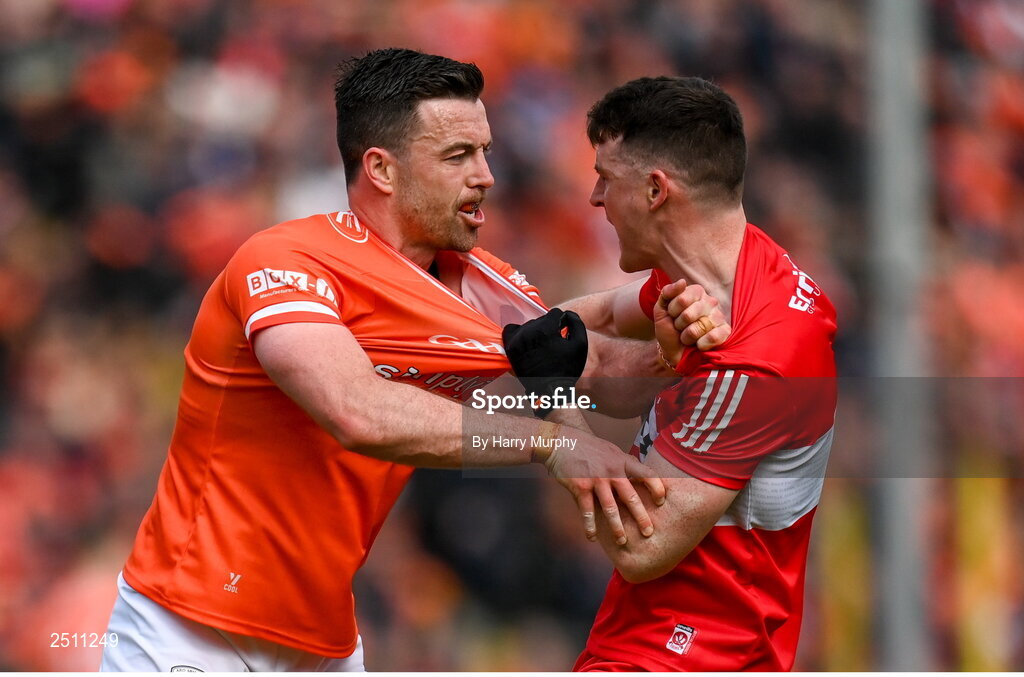 14 May 2023; Aidan Forker of Armagh and Gareth McKinless of Derry tussle during the Ulster GAA Football Senior Championship Final match between Armagh and Derry at St Tiernach’s Park in Clones, Monaghan. Photo by Harry Murphy/Sportsfile