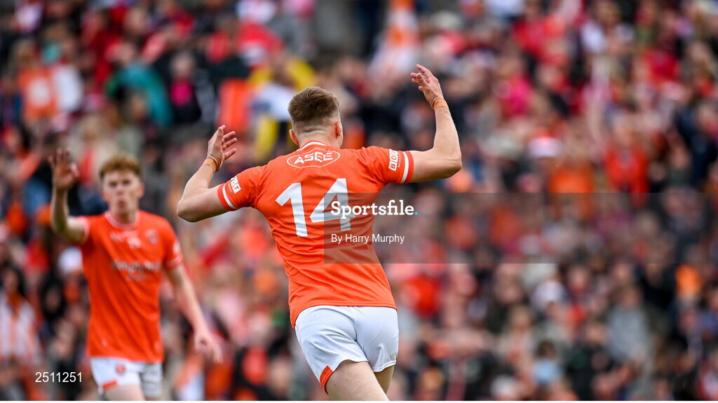 14 May 2023; Rian O'Neill of Armagh celebrates kicking a point to take the match to extra-time during the Ulster GAA Football Senior Championship Final match between Armagh and Derry at St Tiernach’s Park in Clones, Monaghan. Photo by Harry Murphy/Sportsfile