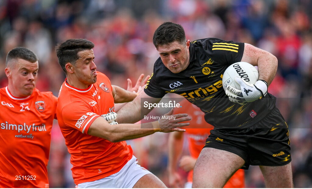 14 May 2023; Derry goalkeeper Odhran Lynch in action against Stefan Campbell of Armagh during the Ulster GAA Football Senior Championship Final match between Armagh and Derry at St Tiernach’s Park in Clones, Monaghan. Photo by Harry Murphy/Sportsfile