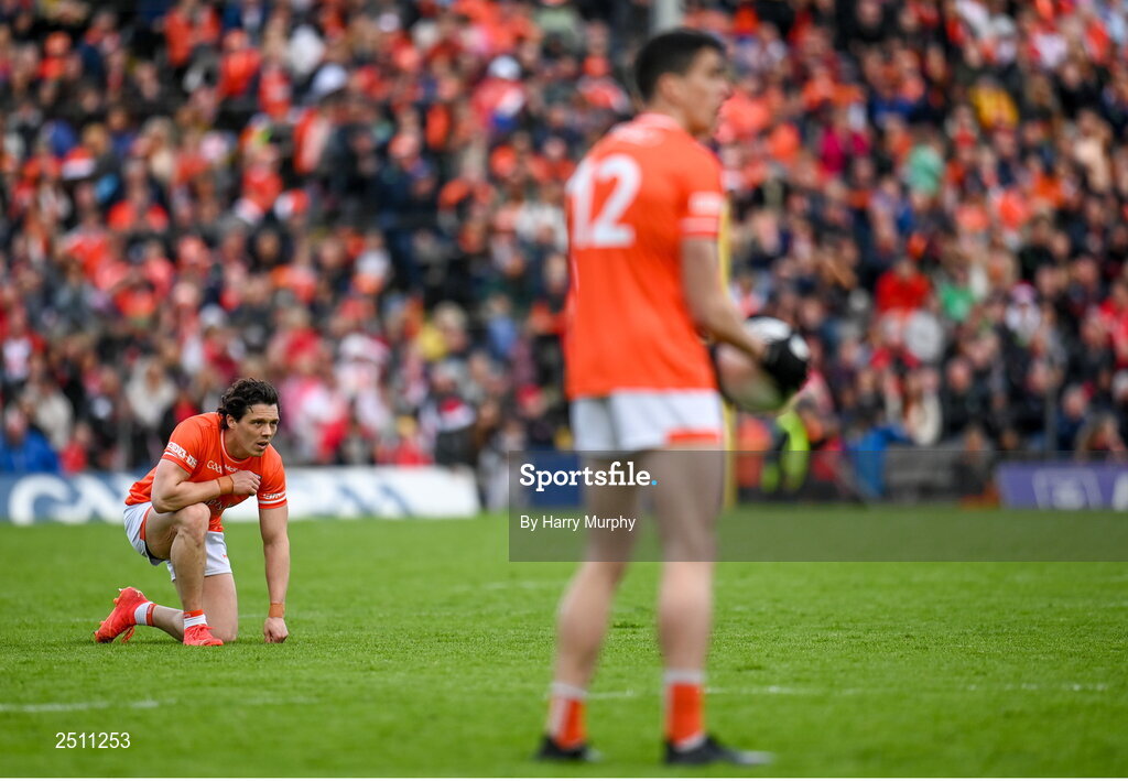 14 May 2023; James Morgan of Armagh waits for teammate Rory Grugan to kick from a mark during the Ulster GAA Football Senior Championship Final match between Armagh and Derry at St Tiernach’s Park in Clones, Monaghan. Photo by Harry Murphy/Sportsfile
