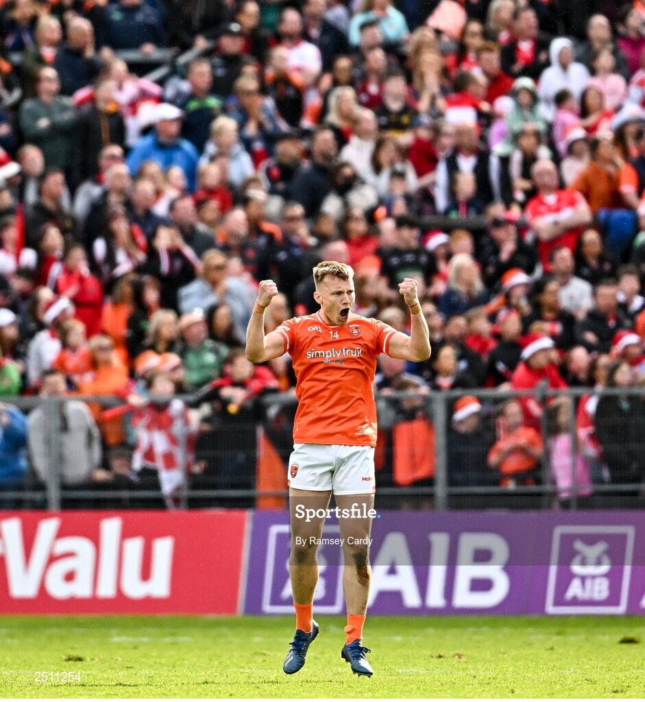 14 May 2023; Rian O'Neill of Armagh celebrates kicking a late point during the Ulster GAA Football Senior Championship Final match between Armagh and Derry at St Tiernach’s Park in Clones, Monaghan. Photo by Ramsey Cardy/Sportsfile