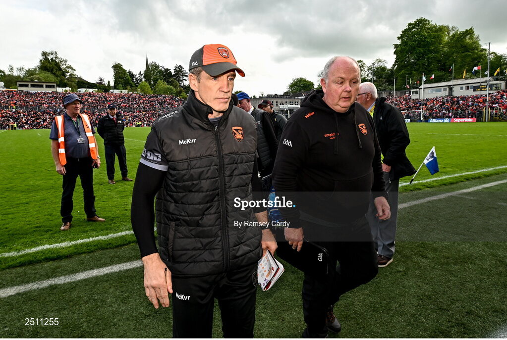 14 May 2023; Armagh manager Kieran McGeeney makes his way off the pitch at the end of normal time of the Ulster GAA Football Senior Championship Final match between Armagh and Derry at St Tiernach’s Park in Clones, Monaghan. Photo by Ramsey Cardy/Sportsfile