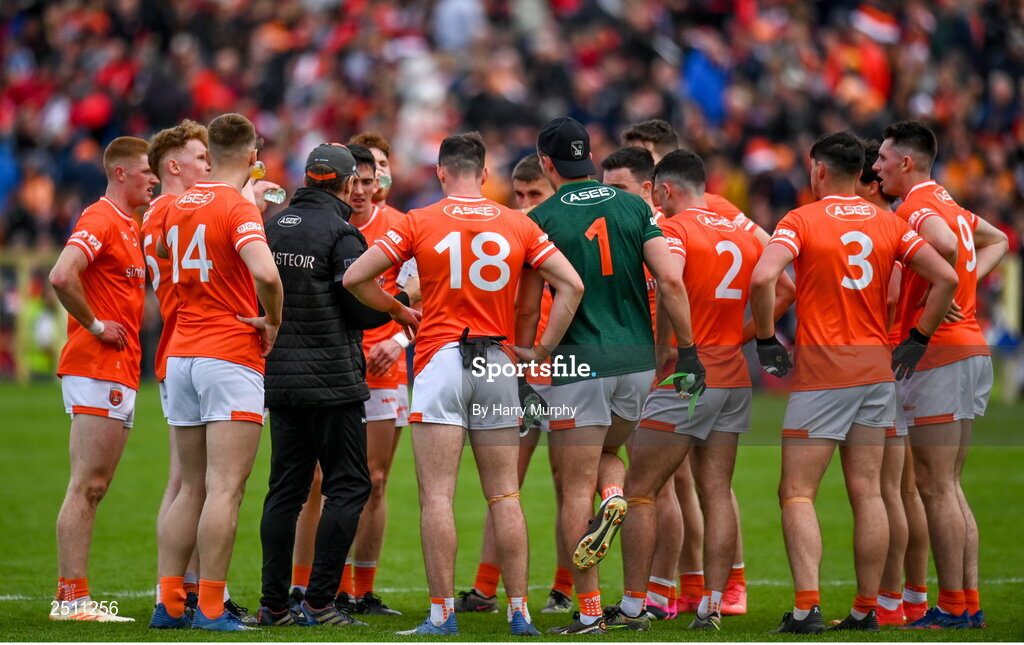 14 May 2023; Armagh manager Kieran McGeeney speaks to his players during the Ulster GAA Football Senior Championship Final match between Armagh and Derry at St Tiernach’s Park in Clones, Monaghan. Photo by Harry Murphy/Sportsfile