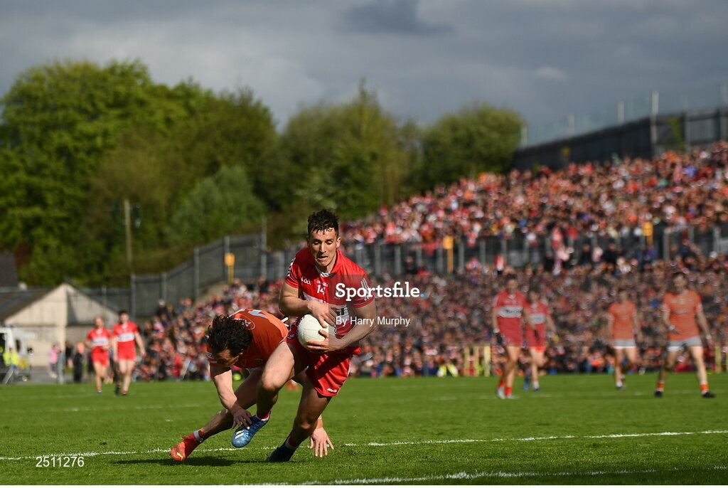 14 May 2023; Shane McGuigan of Derry in action against James Morgan of Armagh during the Ulster GAA Football Senior Championship Final match between Armagh and Derry at St Tiernach’s Park in Clones, Monaghan. Photo by Harry Murphy/Sportsfile
