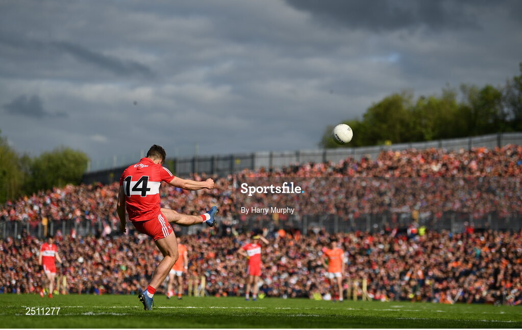 14 May 2023; Shane McGuigan of Derry kicks a free during the Ulster GAA Football Senior Championship Final match between Armagh and Derry at St Tiernach’s Park in Clones, Monaghan. Photo by Harry Murphy/Sportsfile