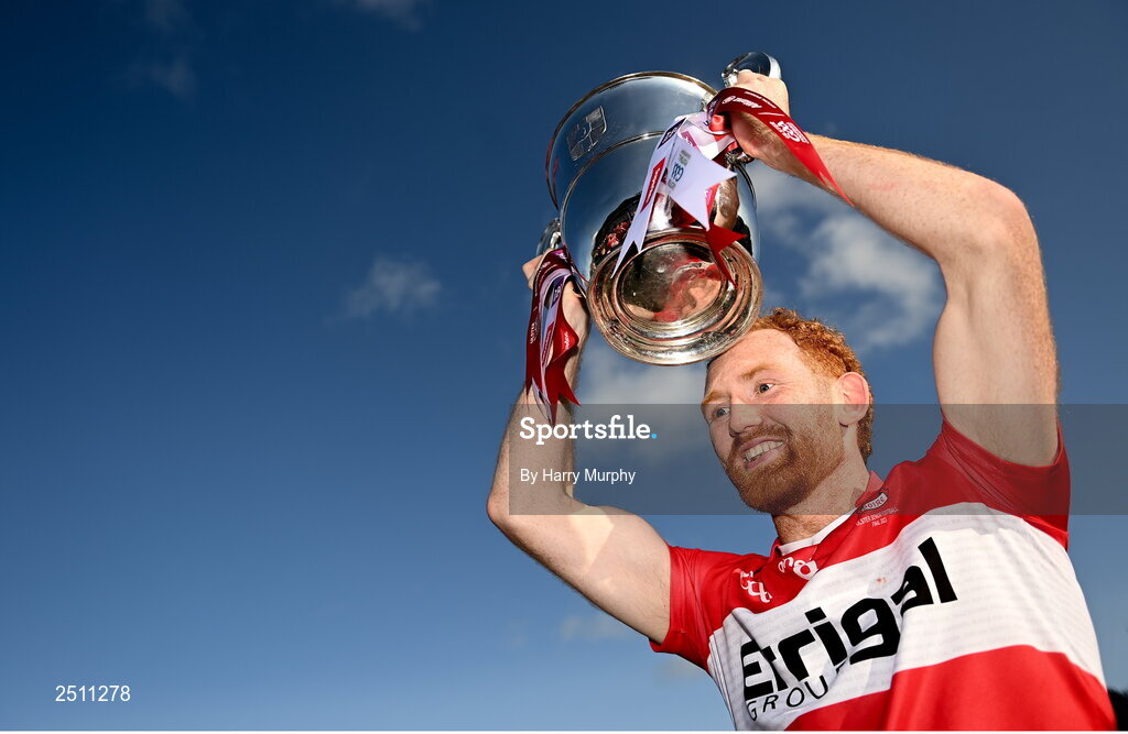 14 May 2023; Derry captain Conor Glass lifts the Anglo Celt Cup after the Ulster GAA Football Senior Championship Final match between Armagh and Derry at St Tiernach’s Park in Clones, Monaghan. Photo by Harry Murphy/Sportsfile