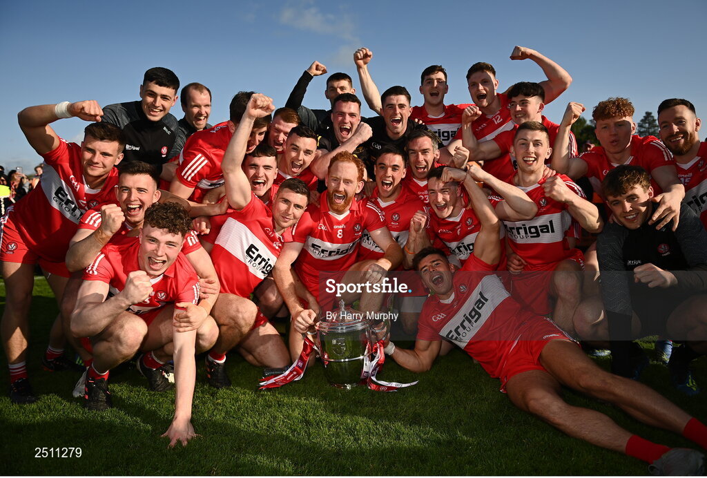 14 May 2023; Derry players celebrate with the Anglo Celt cup during the Ulster GAA Football Senior Championship Final match between Armagh and Derry at St Tiernach’s Park in Clones, Monaghan. Photo by Harry Murphy/Sportsfile