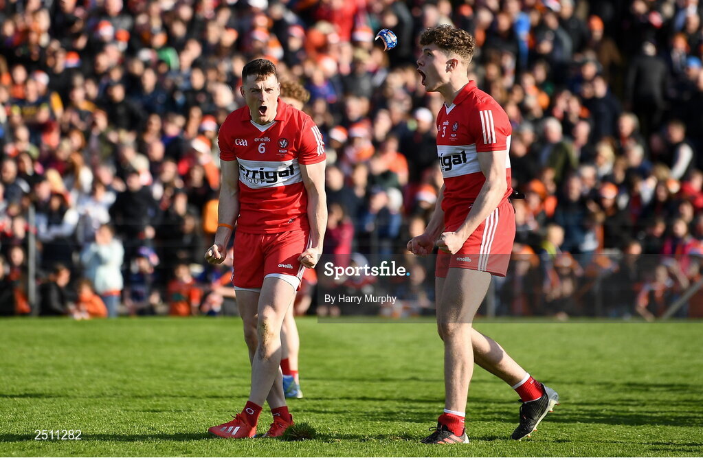 14 May 2023; Gareth McKinless and Eoghan McEvoy of Derry celebrate in the penalty shootout during the Ulster GAA Football Senior Championship Final match between Armagh and Derry at St Tiernach’s Park in Clones, Monaghan. Photo by Harry Murphy/Sportsfile