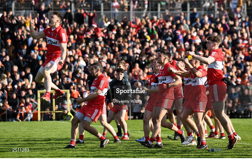 14 May 2023; Derry players celebrate in the penalty shootout during the Ulster GAA Football Senior Championship Final match between Armagh and Derry at St Tiernach’s Park in Clones, Monaghan. Photo by Harry Murphy/Sportsfile