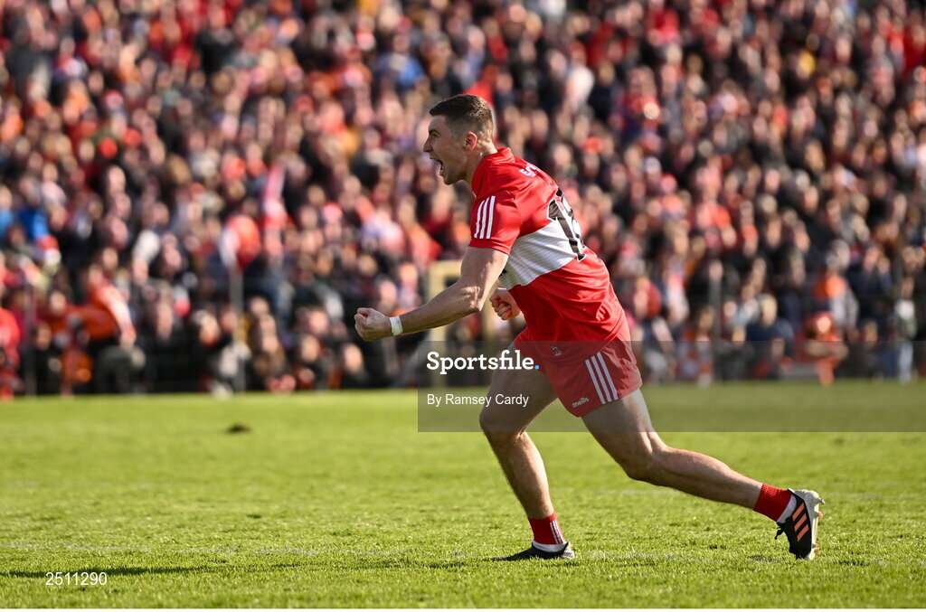 14 May 2023; Ciaran McFaul of Derry celebrates after kicking the winning penalty in the penalty shoot-out in the Ulster GAA Football Senior Championship Final match between Armagh and Derry at St Tiernach’s Park in Clones, Monaghan. Photo by Ramsey Cardy/Sportsfile
