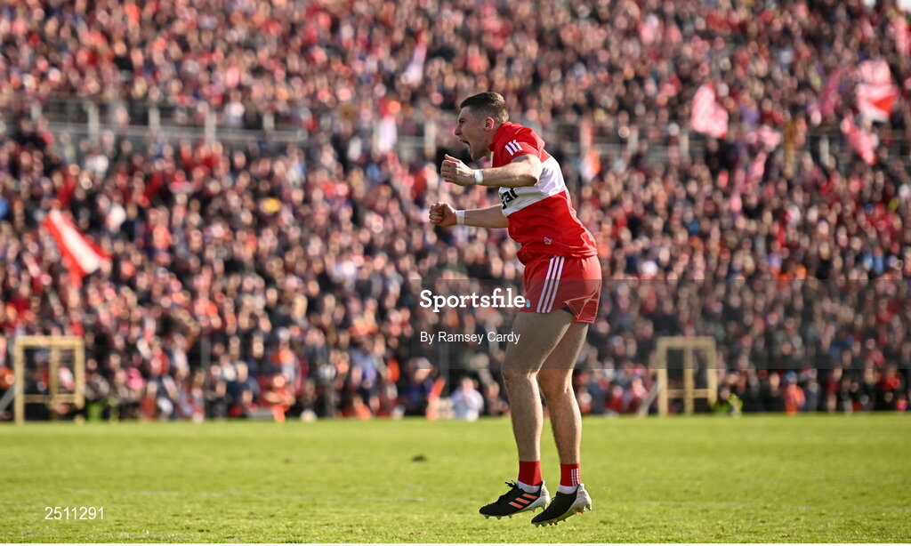 14 May 2023; Ciaran McFaul of Derry celebrates after kicking the winning penalty in the penalty shoot-out in the Ulster GAA Football Senior Championship Final match between Armagh and Derry at St Tiernach’s Park in Clones, Monaghan. Photo by Ramsey Cardy/Sportsfile