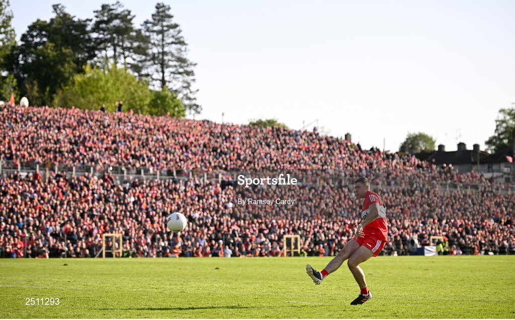 14 May 2023; Ciaran McFaul of Derry kicks the winning penalty in the penalty shoot-out in the Ulster GAA Football Senior Championship Final match between Armagh and Derry at St Tiernach’s Park in Clones, Monaghan. Photo by Ramsey Cardy/Sportsfile