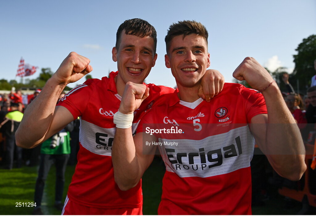 14 May 2023; Shane McGuigan and Conor Doherty of Derry after their side's victory in the Ulster GAA Football Senior Championship Final match between Armagh and Derry at St Tiernach’s Park in Clones, Monaghan. Photo by Harry Murphy/Sportsfile