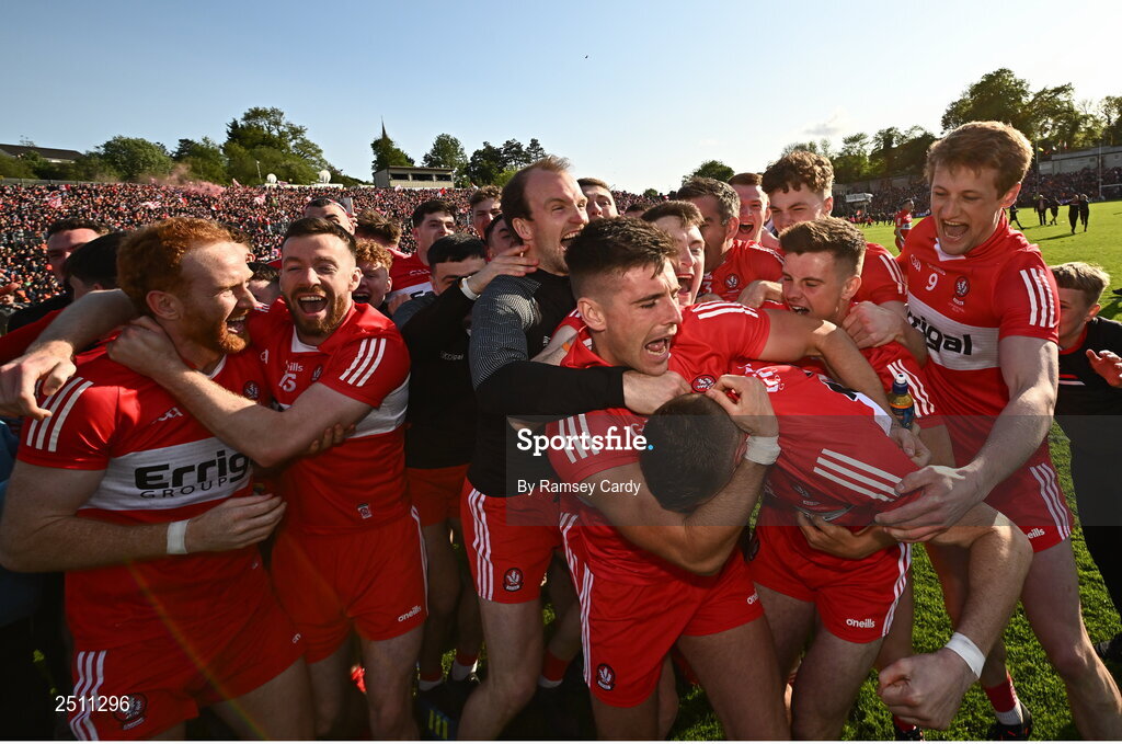 14 May 2023; Derry players celebrate their victory in the Ulster GAA Football Senior Championship Final match between Armagh and Derry at St Tiernach’s Park in Clones, Monaghan. Photo by Ramsey Cardy/Sportsfile