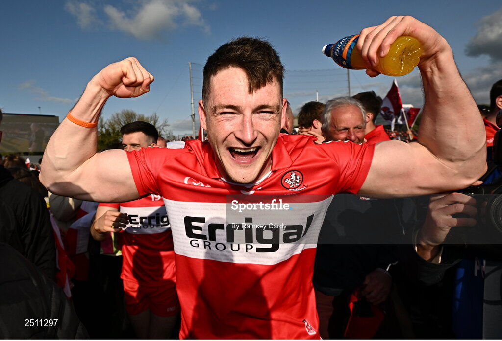 14 May 2023; Gareth McKinless of Derry celebrates after the Ulster GAA Football Senior Championship Final match between Armagh and Derry at St Tiernach’s Park in Clones, Monaghan. Photo by Ramsey Cardy/Sportsfile