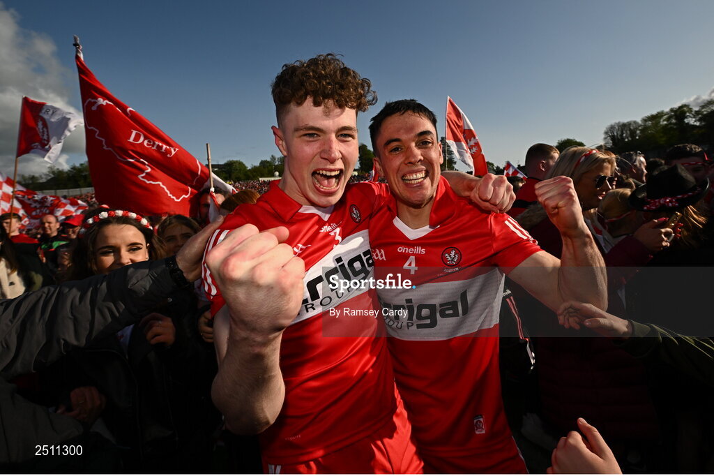 14 May 2023; Eoghan McEvoy, left, and Conor McCluskey of Derry celebrate after the Ulster GAA Football Senior Championship Final match between Armagh and Derry at St Tiernach’s Park in Clones, Monaghan. Photo by Ramsey Cardy/Sportsfile