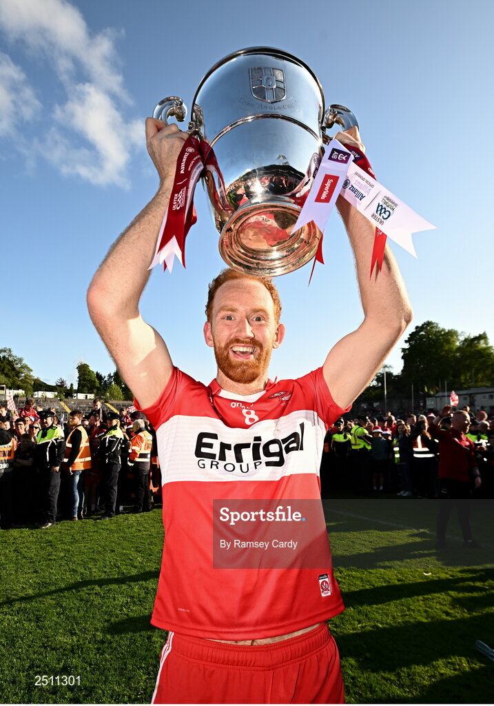 14 May 2023; Derry captain Conor Glass lifts the Anglo Celt Cup after the Ulster GAA Football Senior Championship Final match between Armagh and Derry at St Tiernach’s Park in Clones, Monaghan. Photo by Ramsey Cardy/Sportsfile