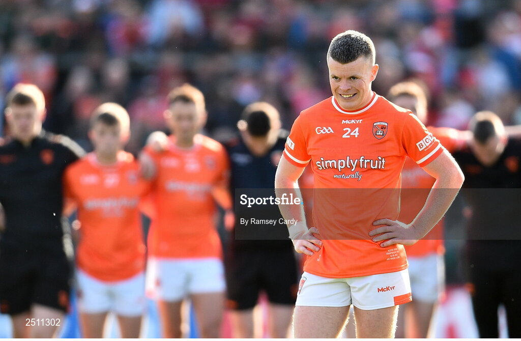 14 May 2023; Armagh joint-captain Aidan Nugent reacts during the penalty shoot-out in the Ulster GAA Football Senior Championship Final match between Armagh and Derry at St Tiernach’s Park in Clones, Monaghan. Photo by Ramsey Cardy/Sportsfile
