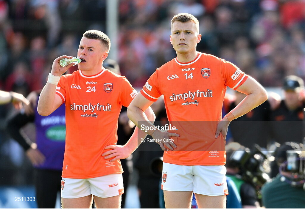 14 May 2023; Armagh joint-captains Aidan Nugent, left, and Rian O'Neill watch on during the penalty shoot-out in the Ulster GAA Football Senior Championship Final match between Armagh and Derry at St Tiernach’s Park in Clones, Monaghan. Photo by Ramsey Cardy/Sportsfile