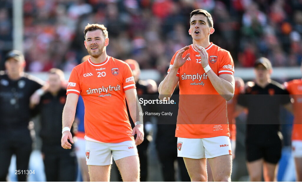 14 May 2023; Armagh penalty takers Callum Cumiskey, left, and Rory Grugan react during the penalty shoot-out in the Ulster GAA Football Senior Championship Final match between Armagh and Derry at St Tiernach’s Park in Clones, Monaghan. Photo by Ramsey Cardy/Sportsfile