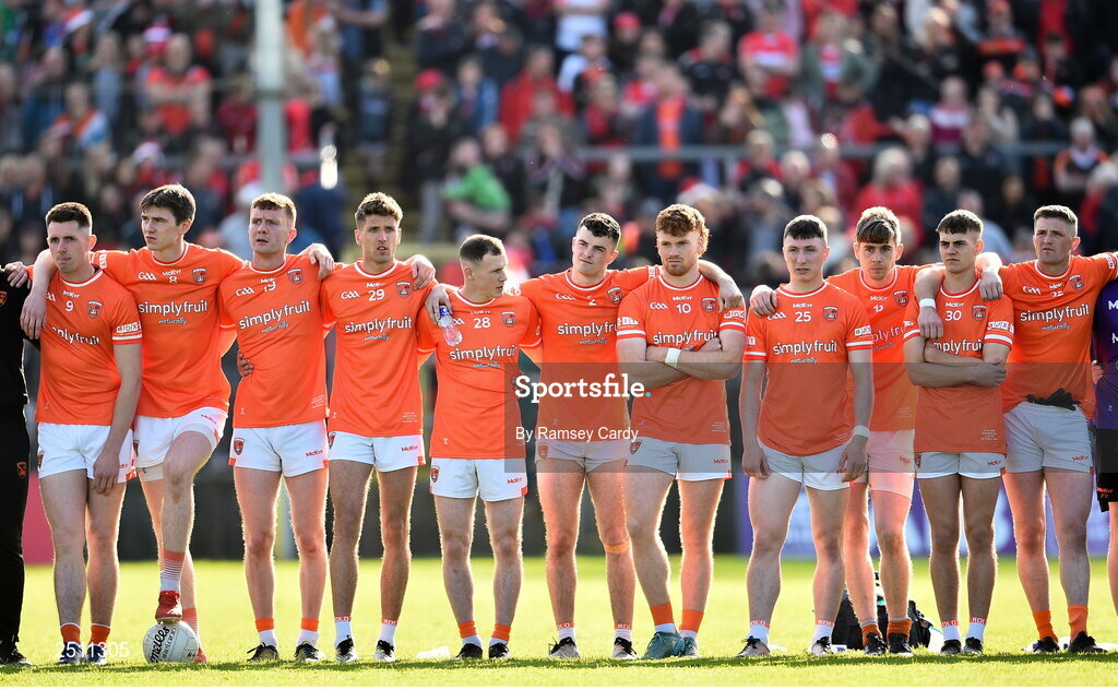 14 May 2023; The Armagh team watch on during the penalty shoot-out in the Ulster GAA Football Senior Championship Final match between Armagh and Derry at St Tiernach’s Park in Clones, Monaghan. Photo by Ramsey Cardy/Sportsfile