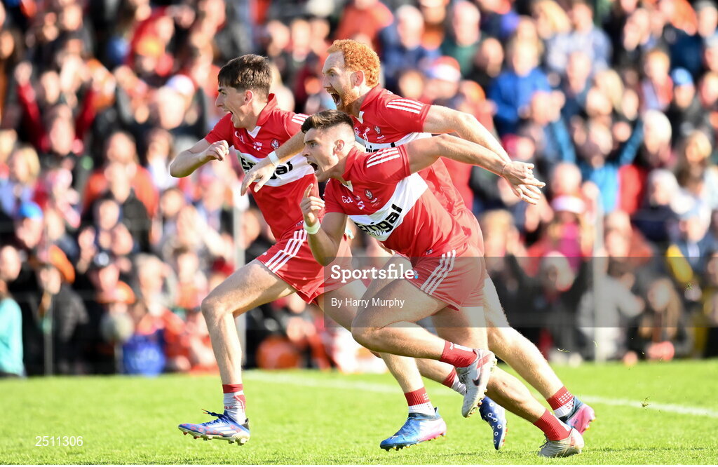 14 May 2023; Derry players, from left, Paul Cassidy, Conor Doherty and Conor Glass celebrate winning the penalty shootout during the Ulster GAA Football Senior Championship Final match between Armagh and Derry at St Tiernach’s Park in Clones, Monaghan. Photo by Harry Murphy/Sportsfile