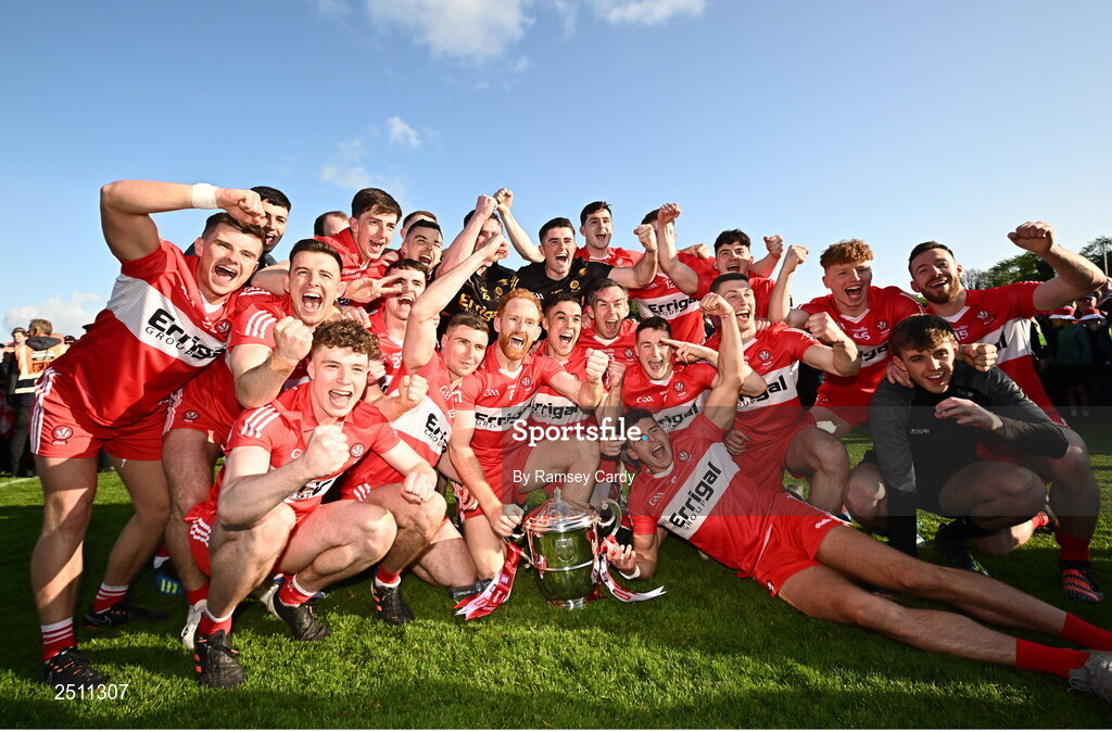 14 May 2023; The Derry team celebrate after the Ulster GAA Football Senior Championship Final match between Armagh and Derry at St Tiernach’s Park in Clones, Monaghan. Photo by Ramsey Cardy/Sportsfile