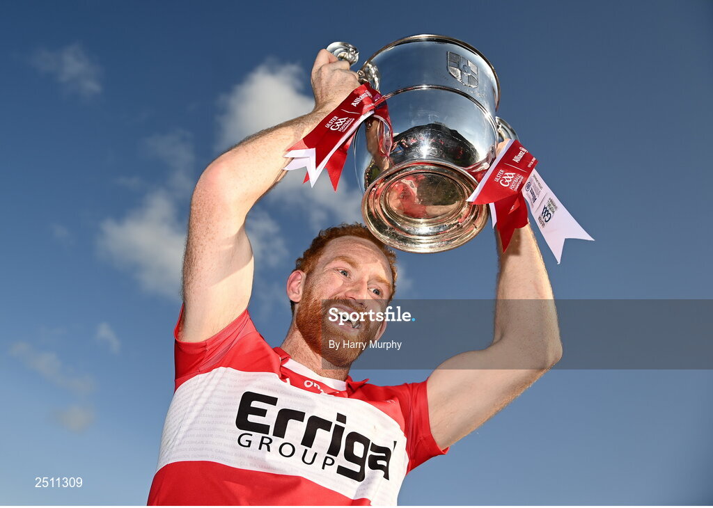 14 May 2023; Derry captain Conor Glass lifts the Anglo Celt Cup after the Ulster GAA Football Senior Championship Final match between Armagh and Derry at St Tiernach’s Park in Clones, Monaghan. Photo by Harry Murphy/Sportsfile