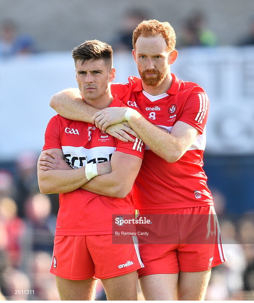 14 May 2023; Derry penalty takers Conor Doherty, left, and Conor Glass watch on during the penalty shoot-out in the Ulster GAA Football Senior Championship Final match between Armagh and Derry at St Tiernach’s Park in Clones, Monaghan. Photo by Ramsey Cardy/Sportsfile
