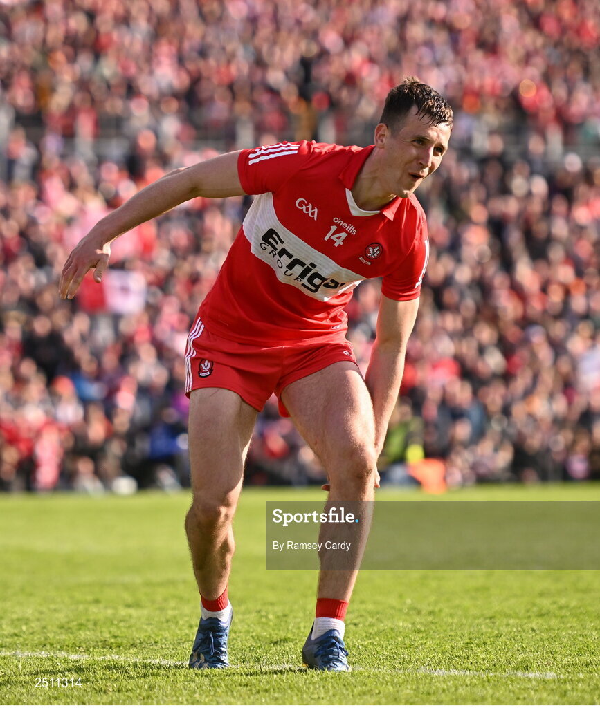 14 May 2023; Shane McGuigan of Derry reacts after his penalty in the penalty shoot-out in the Ulster GAA Football Senior Championship Final match between Armagh and Derry at St Tiernach’s Park in Clones, Monaghan. Photo by Ramsey Cardy/Sportsfile