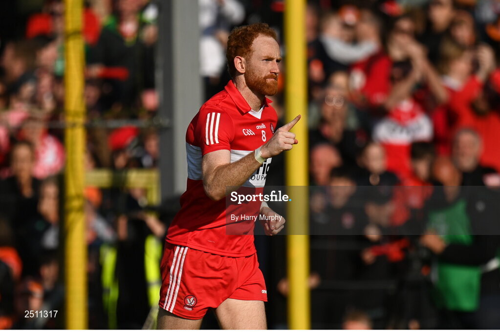 14 May 2023; Conor Glass of Derry celebrates scoring in the penalty shootout during the Ulster GAA Football Senior Championship Final match between Armagh and Derry at St Tiernach’s Park in Clones, Monaghan. Photo by Harry Murphy/Sportsfile