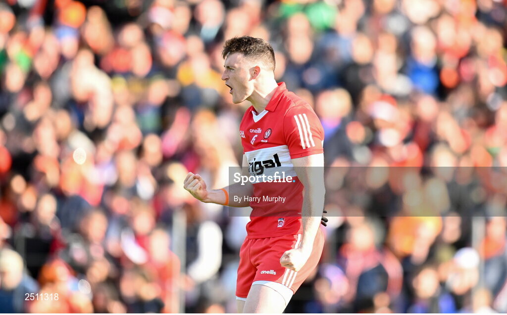 14 May 2023; Gareth McKinless of Derry celebrates in the penalty shootout during the Ulster GAA Football Senior Championship Final match between Armagh and Derry at St Tiernach’s Park in Clones, Monaghan. Photo by Harry Murphy/Sportsfile