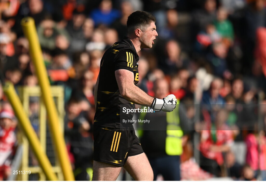 14 May 2023; Derry goalkeeper Odhran Lynch celebrates saving a penalty during the Ulster GAA Football Senior Championship Final match between Armagh and Derry at St Tiernach’s Park in Clones, Monaghan. Photo by Harry Murphy/Sportsfile