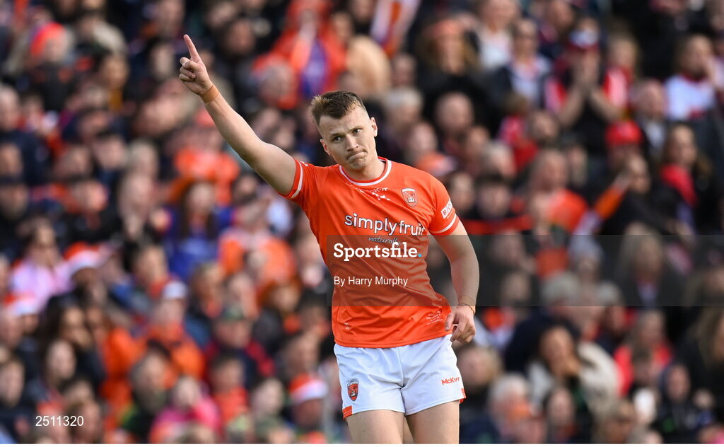 14 May 2023; Rian O'Neill of Armagh celebrates scoring a point to take the match to a penalty shootout during the Ulster GAA Football Senior Championship Final match between Armagh and Derry at St Tiernach’s Park in Clones, Monaghan. Photo by Harry Murphy/Sportsfile
