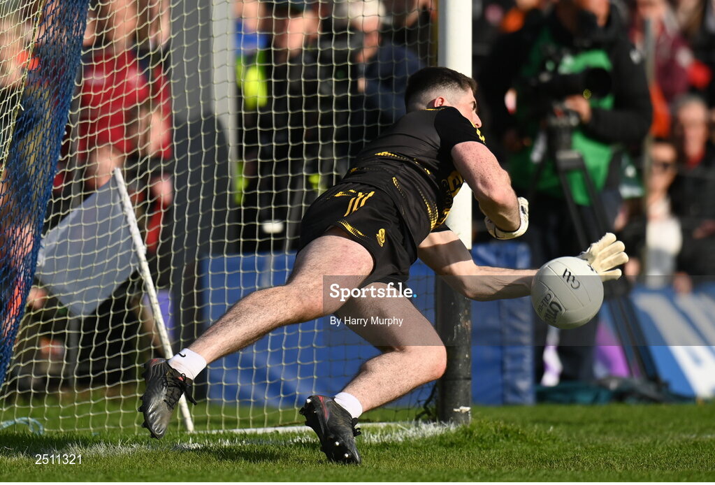 14 May 2023; Derry goalkeeper Odhran Lynch saves a penalty by Rian O'Neill of Armagh during the Ulster GAA Football Senior Championship Final match between Armagh and Derry at St Tiernach’s Park in Clones, Monaghan. Photo by Harry Murphy/Sportsfile