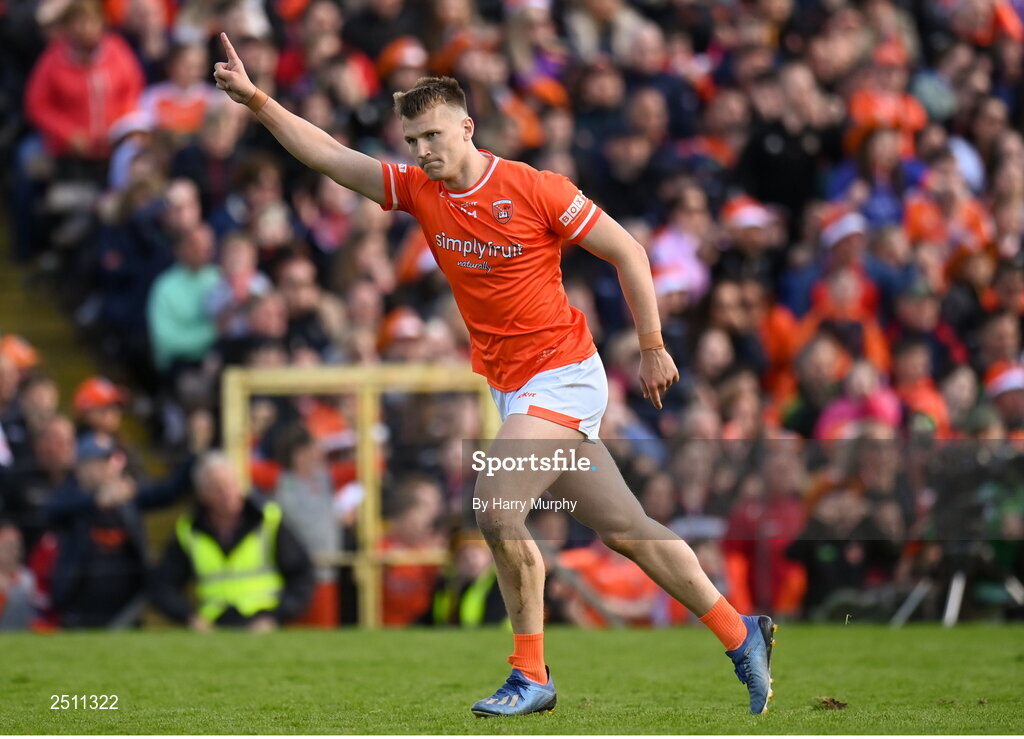 14 May 2023; Rian O'Neill of Armagh celebrates scoring a point to take the match to a penalty shootout during the Ulster GAA Football Senior Championship Final match between Armagh and Derry at St Tiernach’s Park in Clones, Monaghan. Photo by Harry Murphy/Sportsfile