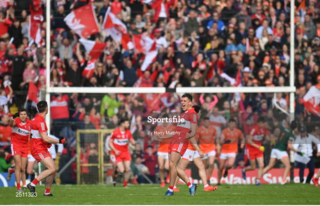 14 May 2023; Shane McGuigan of Derry celebrates kicking a point during the Ulster GAA Football Senior Championship Final match between Armagh and Derry at St Tiernach’s Park in Clones, Monaghan. Photo by Harry Murphy/Sportsfile