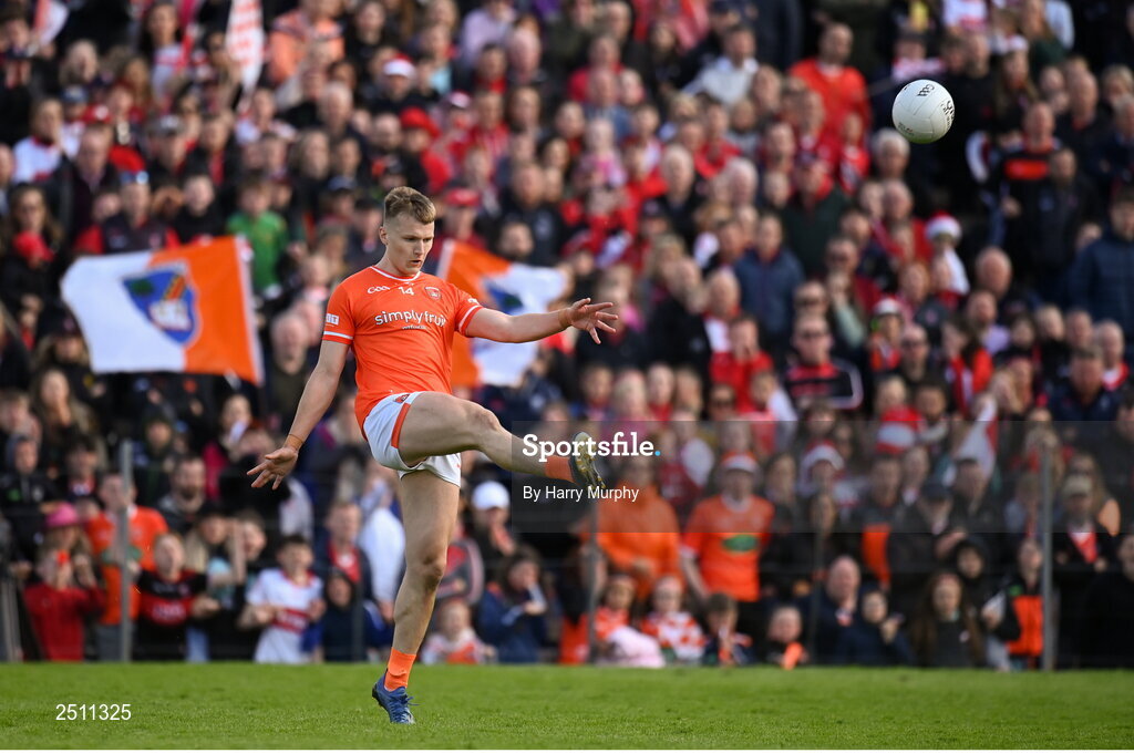 14 May 2023; Rian O'Neill of Armagh kicks a point to take the match to a penalty shootout during the Ulster GAA Football Senior Championship Final match between Armagh and Derry at St Tiernach’s Park in Clones, Monaghan. Photo by Harry Murphy/Sportsfile