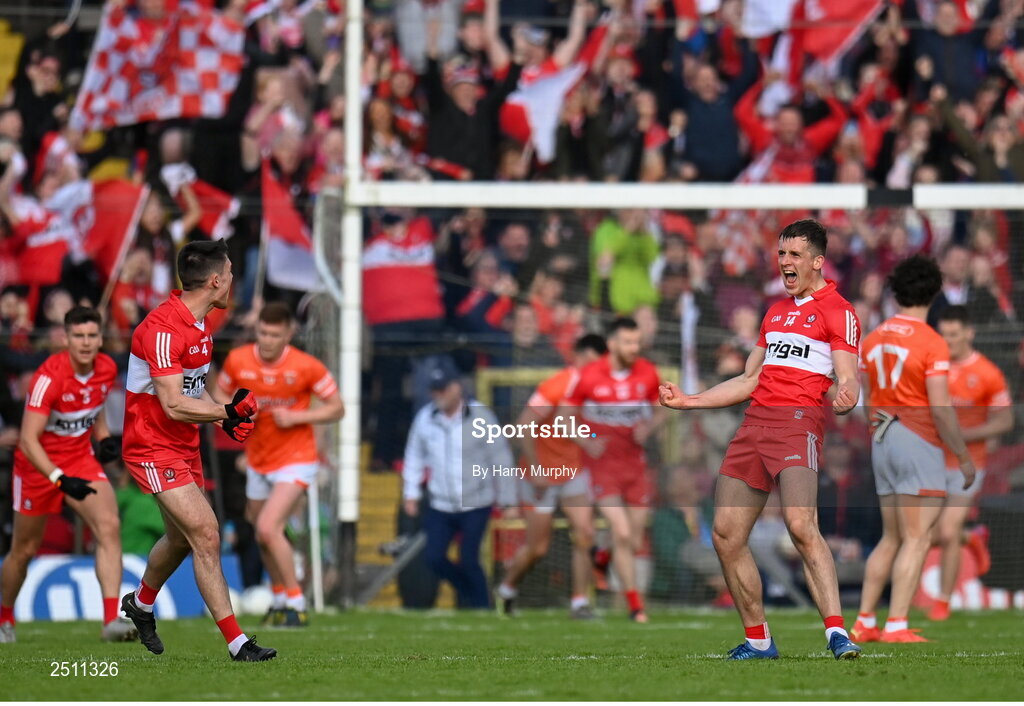 14 May 2023; Shane McGuigan of Derry celebrates kicking a point during the Ulster GAA Football Senior Championship Final match between Armagh and Derry at St Tiernach’s Park in Clones, Monaghan. Photo by Harry Murphy/Sportsfile