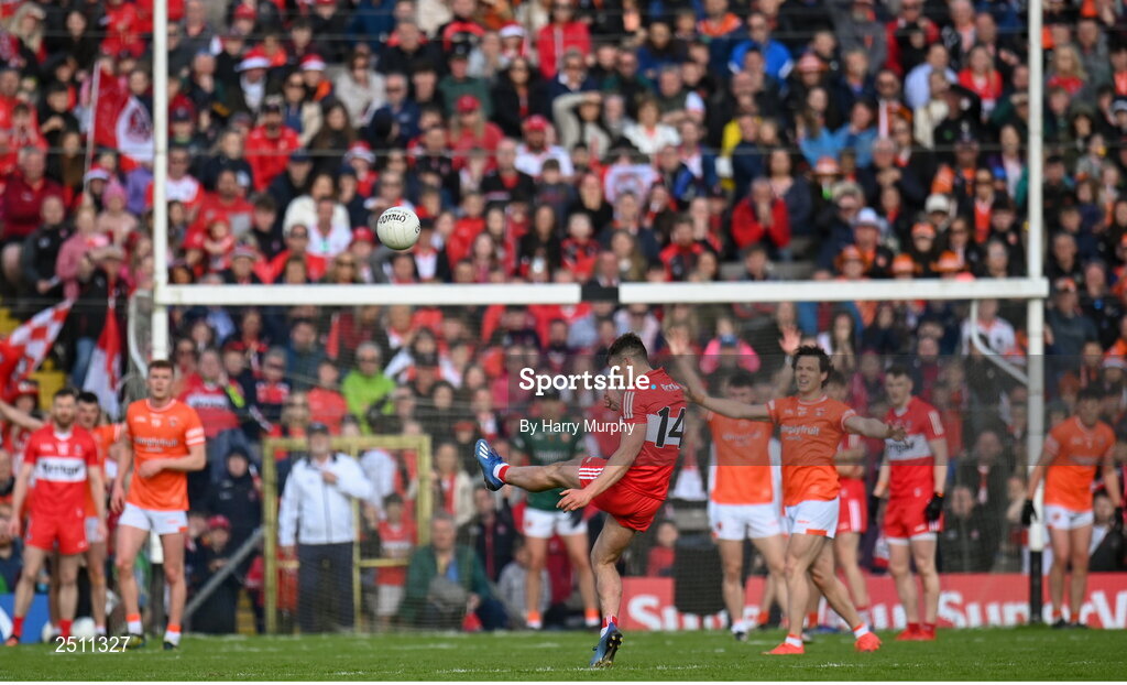 14 May 2023; Shane McGuigan of Derry kicks a point during the Ulster GAA Football Senior Championship Final match between Armagh and Derry at St Tiernach’s Park in Clones, Monaghan. Photo by Harry Murphy/Sportsfile