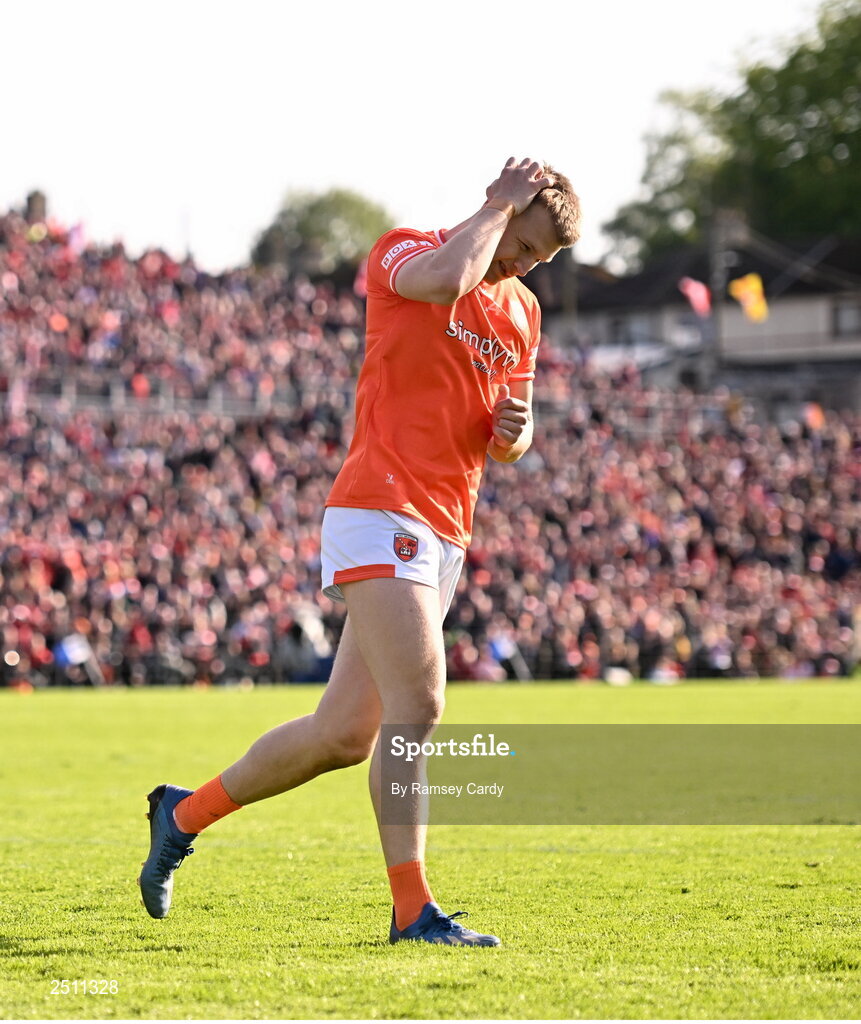 14 May 2023; Rian O'Neill of Armagh reacts after missing a penalty in the penalty shoot-out in the Ulster GAA Football Senior Championship Final match between Armagh and Derry at St Tiernach’s Park in Clones, Monaghan. Photo by Ramsey Cardy/Sportsfile