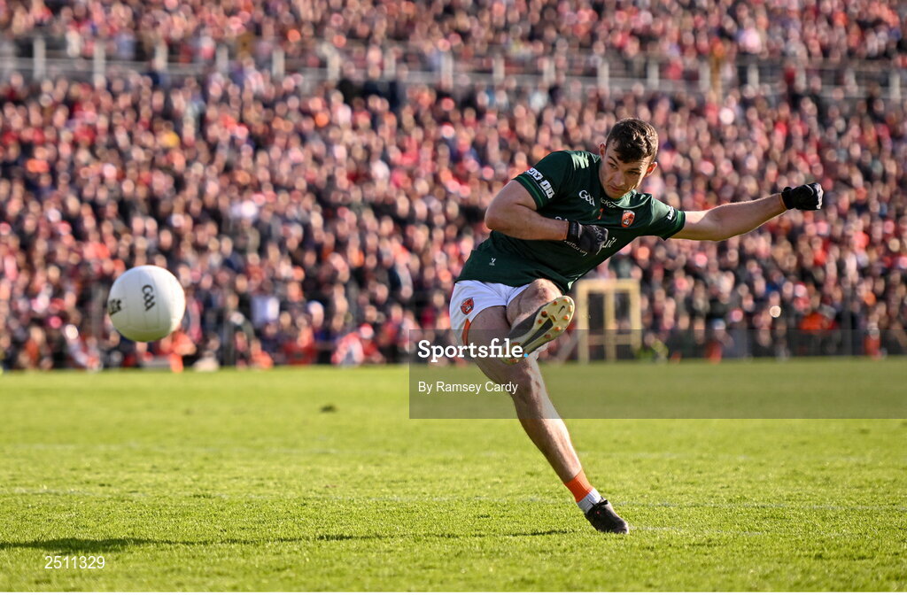 14 May 2023; Armagh goalkeeper Ethan Rafferty strikes his penalty in the penalty shoot-out in the Ulster GAA Football Senior Championship Final match between Armagh and Derry at St Tiernach’s Park in Clones, Monaghan. Photo by Ramsey Cardy/Sportsfile