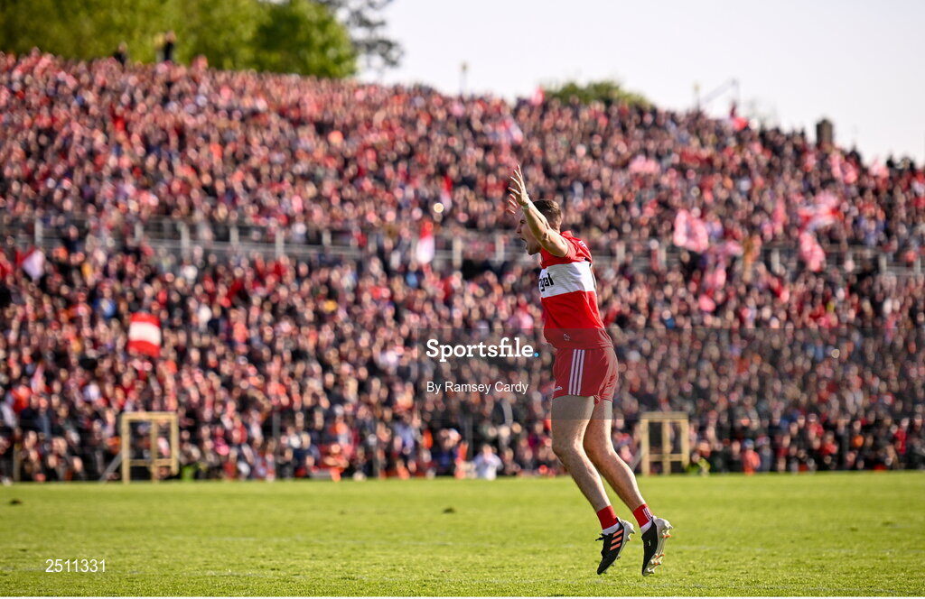 14 May 2023; Ciaran McFaul of Derry celebrates after kicking the winning penalty in the penalty shoot-out in the Ulster GAA Football Senior Championship Final match between Armagh and Derry at St Tiernach’s Park in Clones, Monaghan. Photo by Ramsey Cardy/Sportsfile