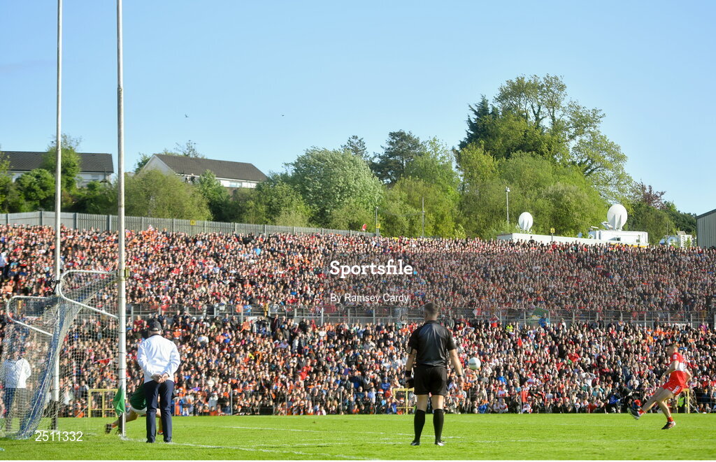 14 May 2023; Ciaran McFaul of Derry scores the match winning penalty past Armagh goalkeeper Ethan Rafferty in the penalty shoot-out in the Ulster GAA Football Senior Championship Final match between Armagh and Derry at St Tiernach’s Park in Clones, Monaghan. Photo by Ramsey Cardy/Sportsfile
