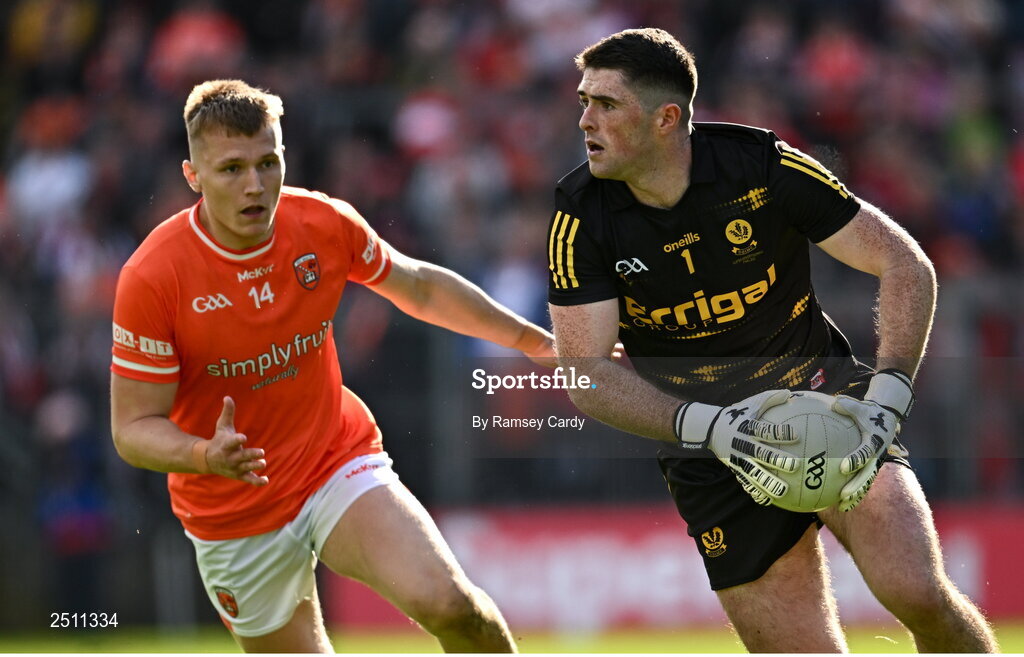 14 May 2023; Derry goalkeeper Odhran Lynch in action against Rian O'Neill of Armagh during the Ulster GAA Football Senior Championship Final match between Armagh and Derry at St Tiernach’s Park in Clones, Monaghan. Photo by Ramsey Cardy/Sportsfile
