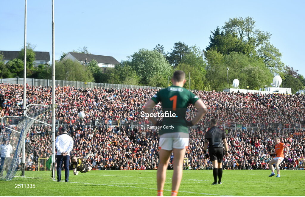 14 May 2023; Derry goalkeeper Odhran Lynch saves a penalty from Aidan Nugent of Armagh in the penalty shoot-out, as Armagh goalkeeper Ethan Rafferty watches on, in the Ulster GAA Football Senior Championship Final match between Armagh and Derry at St Tiernach’s Park in Clones, Monaghan. Photo by Ramsey Cardy/Sportsfile