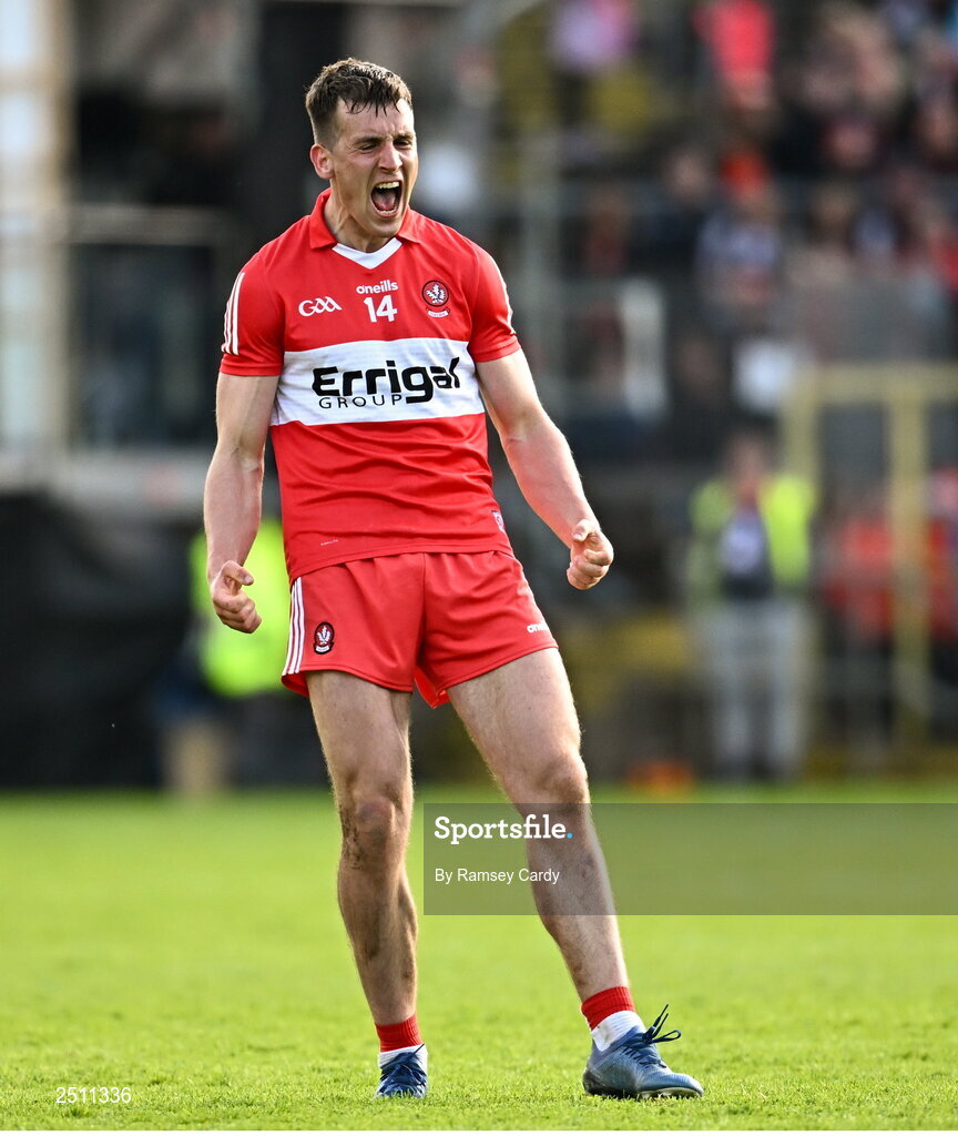 14 May 2023; Shane McGuigan of Derry celebrates after kicking an extra-time point during the Ulster GAA Football Senior Championship Final match between Armagh and Derry at St Tiernach’s Park in Clones, Monaghan. Photo by Ramsey Cardy/Sportsfile
